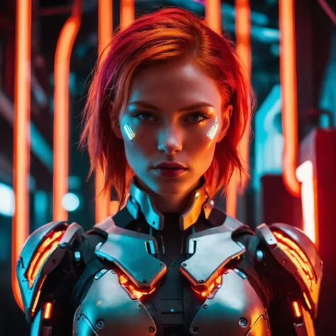 A Photograph capturing the essence of a young cyborg woman with fiery red hair. Her face fills the frame, bathed in neon hues, exuding determination and mystery amidst a futuristic backdrop