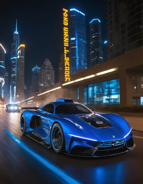 A Photograph of a sleek, futuristic dieselpunk sportscar roaring down a neon-lit, cybernetic highway, its metallic blue body reflecting the vibrant cityscape as it leaves a trail of electrifying blue flames in its wake., undefined
