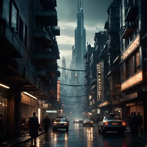 cinematic film still, a city, a dystopian future, year 3000, sci fi, amazing details, dark atmosphere, shallow depth of field, vignette, highly detailed, high budget, bokeh, cinemascope, moody, epic, gorgeous, film grain, grainy