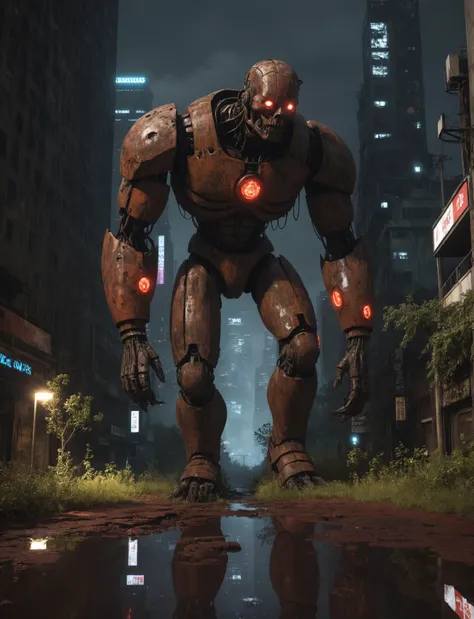 Colossus, looks at viewer, giant colossus, ((rust)), decay, ((overgrown)), horror, red glowing eys, dark cyberpunk city, night, reflective puddles