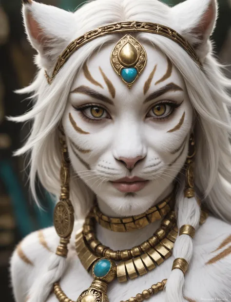 photo, Khajiit female, beautiful, white fur, humanlike face, tiger ears, cat eyes, shaman,gold, bracelets, ear rings, nose rings, awardwinning, side bangs