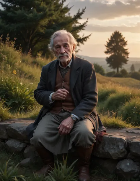 ((best quality)), [by Richard Hamilton| Jasper Francis Cropsey], scene art, cinematic still, grass, (old man:1.3), bored, dressed in Divine Chaperon, Dynamic pose, his hair is Brunette, Shoulder pads, at Sunset, Anime screencap, Concept Art World, emotional, 4k epic detailed, shot on kodak, 35mm photo, high budget, cinemascope, moody, epic, gorgeous, film grain, grainy, cinestill, awardwinning