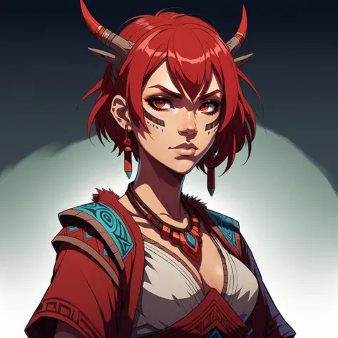 anime art, ((2D:1.3)), shaman woman, drawing, red short hair, looking at viewer