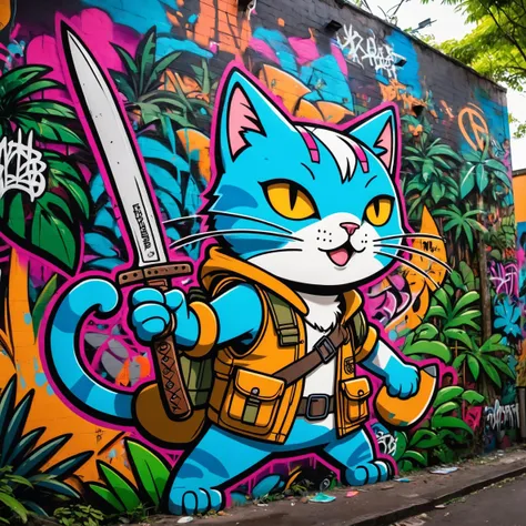Graffiti style anime style, adventurer cat, dense jungle, holding a machete . Street art, vibrant, urban, detailed, tag, mural, high quality photography, 3 point lighting, flash with softbox, 4k, Canon EOS R3, hdr, smooth, sharp focus, high resolution, award winning photo, 80mm, f2.8, bokeh