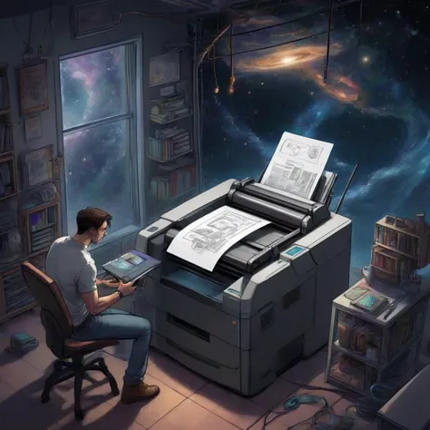 illustation, concept art, comic. a printer is printing the secrets to the universe