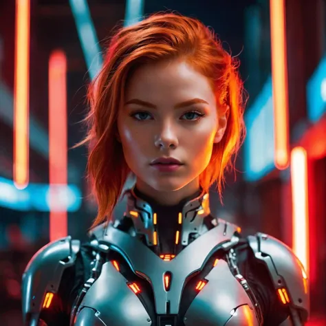 A Photograph capturing the essence of a young cyborg woman with fiery red hair. Her face fills the frame, bathed in neon hues, exuding determination and mystery amidst a futuristic backdrop