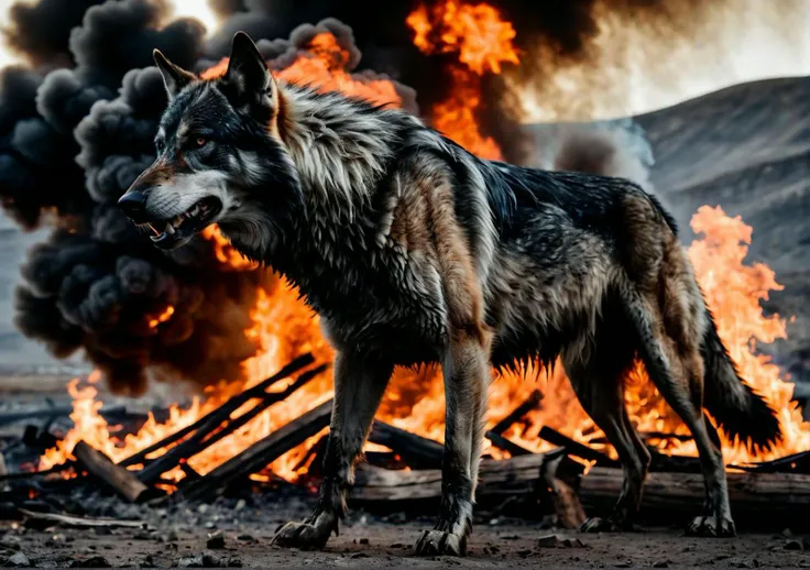 (Highest Quality, 4k, masterpiece, Amazing Details:1.1), fenris wolf, ragnark, ((black water:1.2)), post apocalyptic, warzone, fire , smoke film grain, Fujifilm XT3, photography,