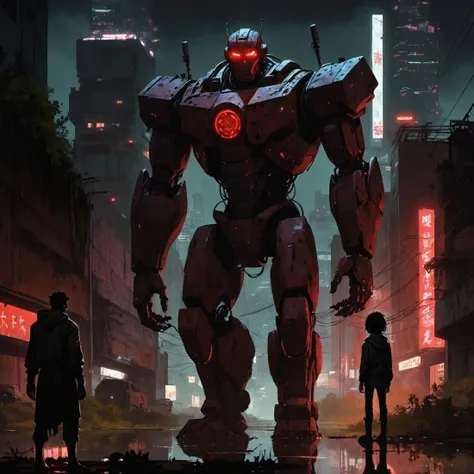 dark anime, Colossus, looks at viewer, ((giant robot coloss)), rust, decay, ((overgrown)), horror, red glowing eys, dark cyberpunk city, night, reflective puddles