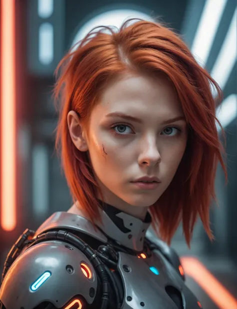 Best quality, Raw photo, face portrait, a young cyborg woman with fiery red hair. Her face fills the frame, bathed in neon hues, exuding determination and mystery amidst a futuristic backdrop