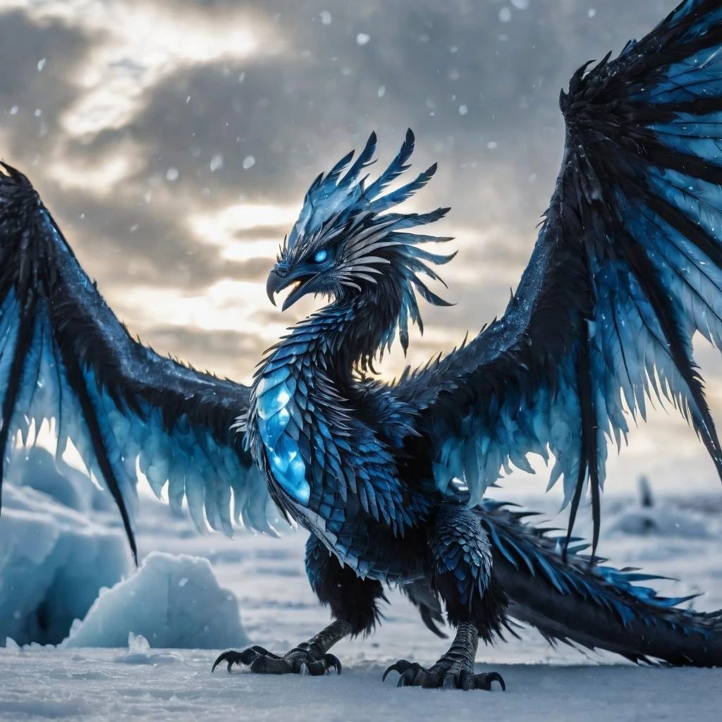 (Highest Quality, 4k, masterpiece, Amazing Details:1.1) photo of ice blue phoenix fighting a sapphire blue exotic dragon, giant wings, glowing ice blue eyes, detailed eyes, detailed pupil, film grain, Fujifilm XT3, photography, background is stormy clouds on a frozen tundra, detailed feathers, wings spread, frost and mist surrounding, icicles,