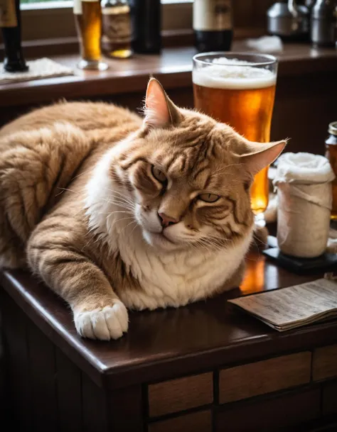 RAW photo, a cat with a hangover, sleeping, bar, beer, 8k uhd, dslr, soft lighting, high quality, film grain, Fujifilm XT3, undefined