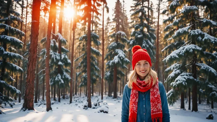 blonde woman wearing a colorful scarf and red beanie, background of a snowed forest with trees covered in snow, sunny day, golden hour