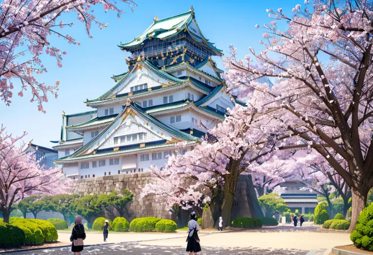 masterpiece, best quality, very aesthetic, absurdres,
Osaka Castle, scenery, cherry blossoms, sky, outdoors, tree, architecture, east asian architecture, blue sky, day, building, pagoda, grass
 <lora:Osaka_Castle_SDXL_V1:1>