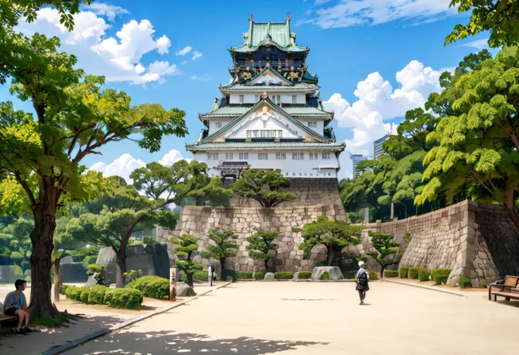 masterpiece, best quality, very aesthetic, absurdres,
Osaka Castle, scenery, sky, outdoors, architecture, cloud, day, east asian architecture, blue sky, tree, stone wall, wall, building, cloudy sky
 <lora:Osaka_Castle_SDXL_V1:1>