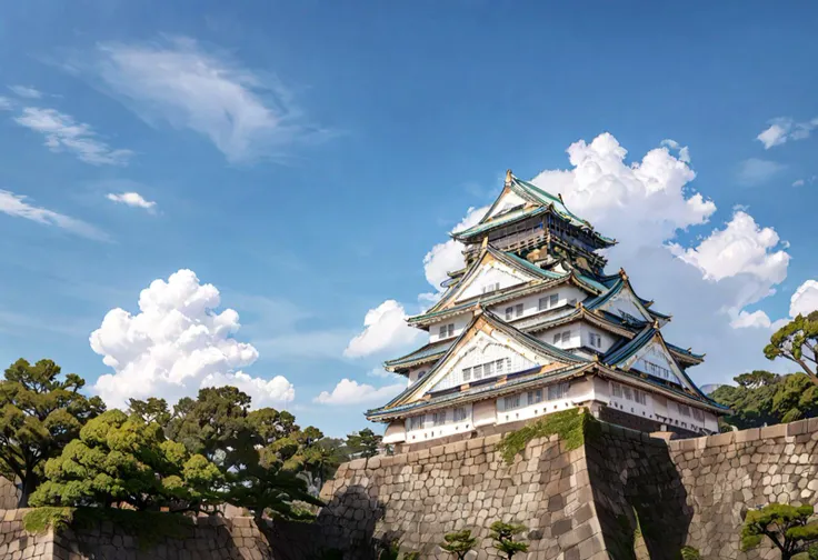 masterpiece, best quality, very aesthetic, absurdres,
Osaka Castle, scenery, sky, outdoors, architecture, cloud, day, east asian architecture, blue sky, tree, stone wall, wall, building, cloudy sky
 <lora:Osaka_Castle_SDXL_V1:1>