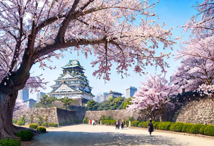 masterpiece, best quality, very aesthetic, absurdres,
Osaka Castle, scenery, outdoors, cherry blossoms, tree, sky, architecture, day, blue sky, east asian architecture, wall, stone wall, building, brick wall, traditional media, real world location
 <lora:Osaka_Castle_SDXL_V1:1>