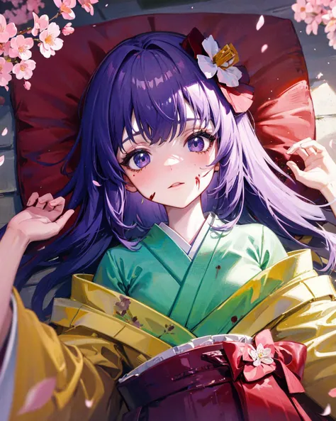 1girl,solo, hieda no akyuu, japanese clothes, <lora:HiedaNoAkyuuV1:1>, cherry blossoms, lying_on back, blood on face,