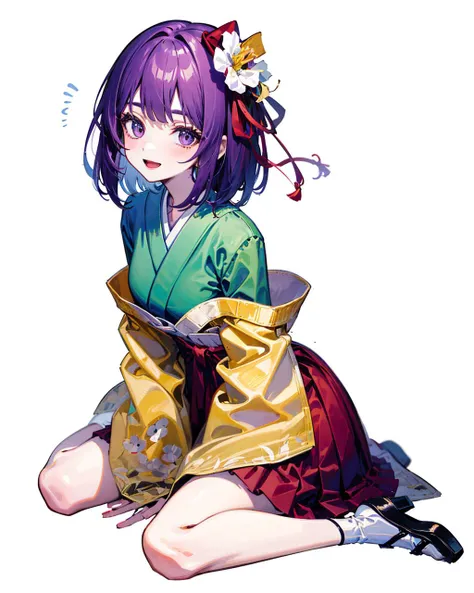 hieda no akyuu, 1girl, solo, japanese clothes, white background, sitting, simple background, long sleeves, wide sleeves, full body, hakama, wariza, red hakama, hakama skirt, smile, looking at viewer, open mouth, blush,  <lora:HiedaNoAkyuuV1:1>,hand on lap, (hand between legs:1.2)