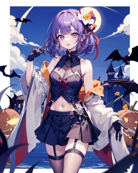 hieda no akyuu, 1girl, solo, <lora:HiedaNoAkyuuV1:1>,
, gothic,miniskirt, fishnet legwear, arm strap, bare shoulders, black_gloves,earrings, standing,navel,night,black_skirt,night,castle, bat,halloween, h