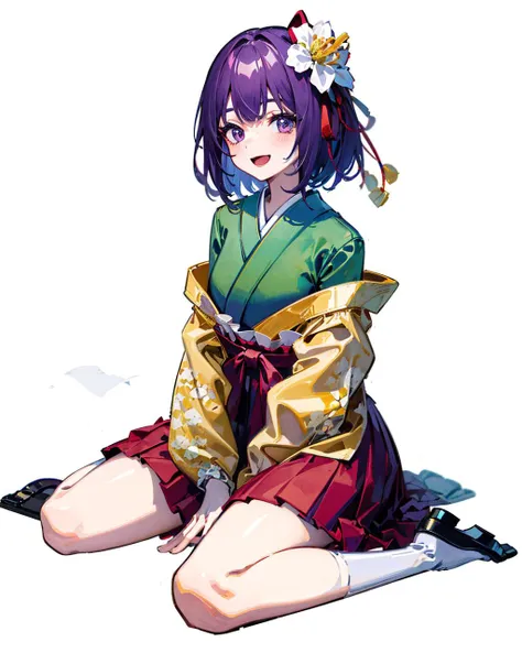 hieda no akyuu, 1girl, solo, japanese clothes, white background, sitting, simple background, long sleeves, wide sleeves, full body, hakama, wariza, red hakama, hakama skirt, smile, looking at viewer, open mouth, blush, <lora:HiedaNoAkyuuV1:1>,hand on lap, (hand between legs:1.2)