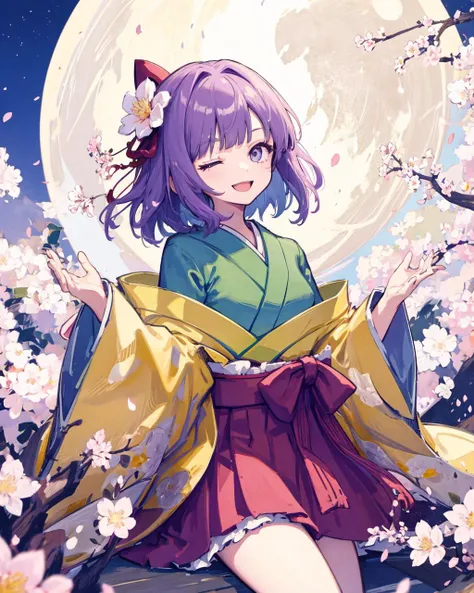 hieda no akyuu, 1girl, japanese clothes, one eye closed, solo, moon, one-hour drawing challenge, full moon, wide sleeves, night, looking at viewer, cherry blossoms, long sleeves, smile, petals, yellow kimono, <lora:HiedaNoAkyuuV1:1>,