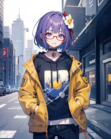hieda no akyuu, 1girl, solo, <lora:HiedaNoAkyuuV1:1>,
hoodie,hand in pocket, glasses, cyberpunk, outdoors,red_moon,cityscape,
