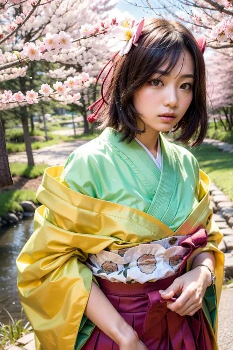 (realistic:1.3), finely detailed, quality, rembrandt lighting, (masterpiece:1.2), (photorealistic:1.2), (best quality), (detailed skin:1.3), (intricate details), dramatic, ray tracing, 1girl, japanese girl, shy, blush, 21 years old, medium breasts, hieda no akyuu, japanese clothes, (red hakama:1.2), (cherry blossom trees, river, spring, Sun, Clouds, strolling, nature, forest), <lora:HiedaNoAkyuuV1:1>