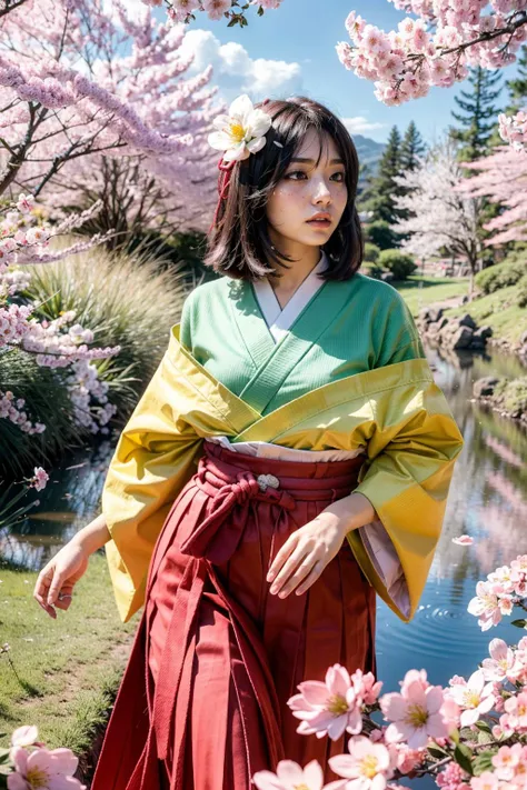 (realistic:1.3), finely detailed, quality, rembrandt lighting, (masterpiece:1.2), (photorealistic:1.2), (best quality), (detailed skin:1.3), (intricate details), dramatic, ray tracing, 1girl, japanese girl, shy, blush, 21 years old, medium breasts, hieda no akyuu, japanese clothes, (red hakama:1.2), (cherry blossom trees, river, spring, Sun, Clouds, strolling, nature, forest), <lora:HiedaNoAkyuuV1:1>