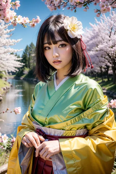 (realistic:1.3), finely detailed, quality, rembrandt lighting, (masterpiece:1.2), (photorealistic:1.2), (best quality), (detailed skin:1.3), (intricate details), dramatic, ray tracing, 1girl, japanese girl, shy, blush, 21 years old, medium breasts, hieda no akyuu, japanese clothes, red hakama, (cherry blossom trees, river, spring, Sun, Clouds, strolling, nature, forest), <lora:HiedaNoAkyuuV1:1>