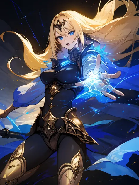 masterpiece,best quality,highres,cinematic lighting,dramatic angle,<lora:ShadowverseTetraV3-000018:0.75> ,1girl,blond hair,long hair,hair ornament,blue eyes,looking at viewer,black bodysuit,blue sleeves,armor,gold-trimmed,gold gloves,see-through,mecha musume,holding weapon,staff,magic,rune,casting spell,aura,floating glowing particles,serious,open mouth,wind,electricity,outstretched hand, reaching out