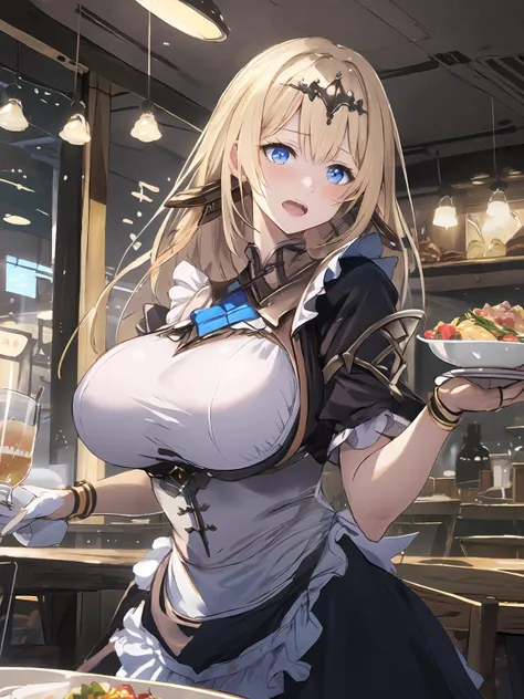 masterpiece,best quality,highres,cinematic lighting,dramatic angle,1girl,<lora:ShadowverseTetraV3-000021:0.8:lbw=jiangshi3>,blonde hair,blue eyes,looking at viewer,looking at viewer,embarrassed,blush,maid apron,open mouth,maid headdress,cafe,maid cafe,restaurant,holding plate with food and drink,teapot,omurice,milk,frills,huge breasts,gigantic breasts