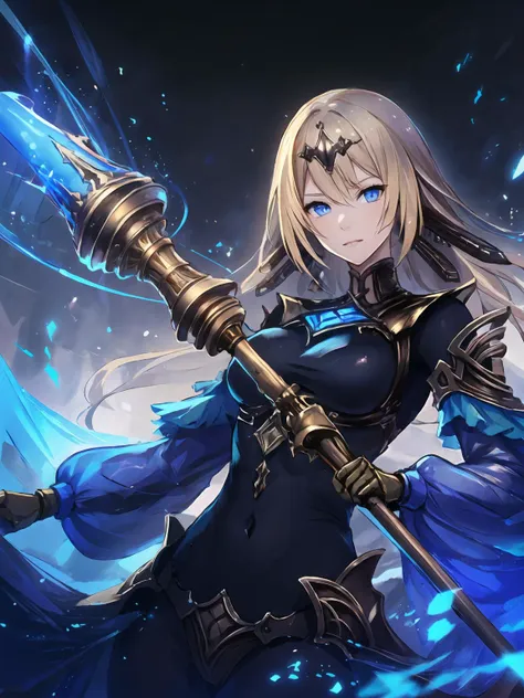 masterpiece,best quality,highres,cinematic lighting,dramatic angle,1girl,<lora:ShadowverseTetraV3-000021:0.8>,blonde hair,blue eyes,hair ornament,turtleneck,black body suit,detached sleeves,gold trim,looking at viewer,serious,staff,polearm,jewelry,magic,glowing particles,both hands holding