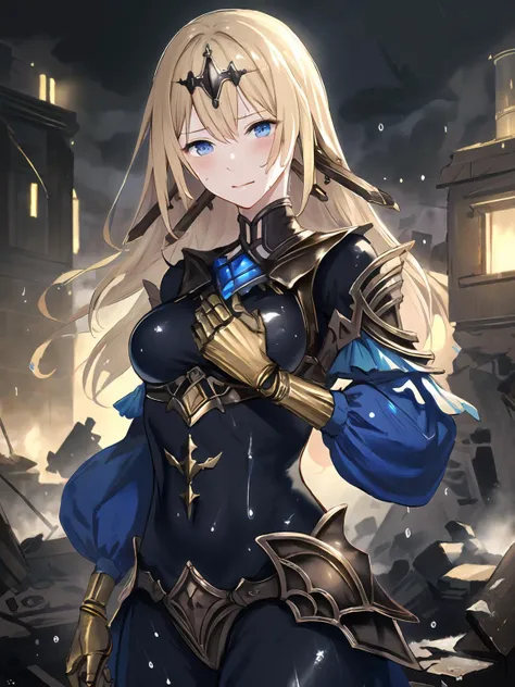 masterpiece,best quality,highres,cinematic lighting,dramatic angle,1girl,<lora:ShadowverseTetraV3-000021:0.8:lbw=jiangshi3>,blonde hair,blue eyes,hair ornament,turtleneck,black body suit,detached sleeves,gold trim,gloves,armor,hands on own chest,jewelry,long skirt,ruins,collapsed buildings,straight-on,rain,raindrop,monochrome,portrait,depth of field,in great grief,robot corpses,wet clothes,sweatdrop,sweat,close-up,looking at viewer,embarrassed,blush