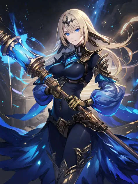 masterpiece,best quality,highres,cinematic lighting,dramatic angle,1girl,<lora:ShadowverseTetraV3-000021:0.8>,blonde hair,blue eyes,hair ornament,turtleneck,black body suit,detached sleeves,gold trim,looking at viewer,serious,staff,polearm,jewelry,magic,glowing particles,both hands holding