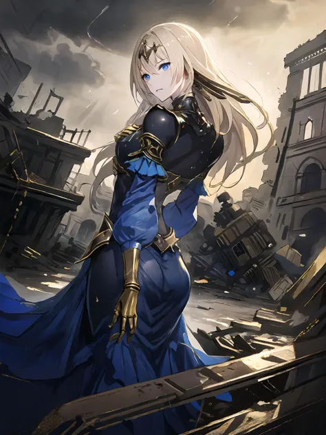 masterpiece,best quality,highres,cinematic lighting,dramatic angle,1girl,<lora:ShadowverseTetraV3-000021:0.8>,blonde hair,blue eyes,hair ornament,turtleneck,black body suit,detached sleeves,gold trim,gloves,armor,hands on own chest,sad,jewelry,long skirt,ruins,collapsed buildings,from side,from behind,rain,raindrop,monochrome