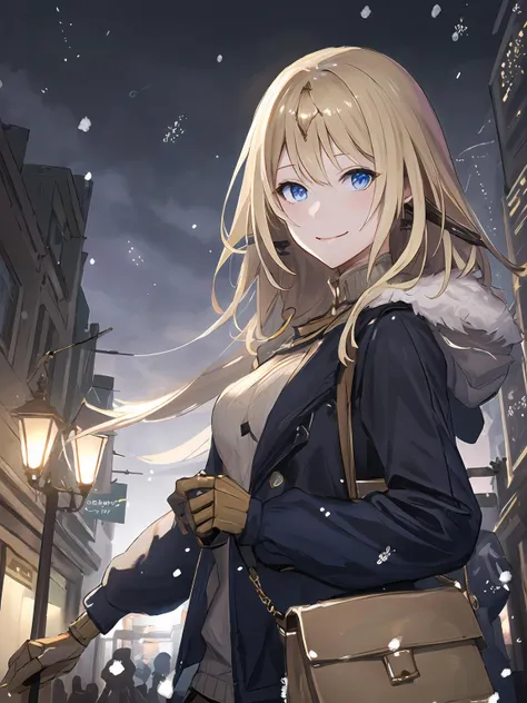 masterpiece,best quality,highres,cinematic lighting,dramatic angle,1girl,<lora:ShadowverseTetraV3-000021:0.8:lbw=jiangshi3>,blonde hair,blue eyes,sweater,handabag,looking at viewer,smile,crowd,streetsacpe,looking at viewer,fur-trimmed jacket,turning head,snowing