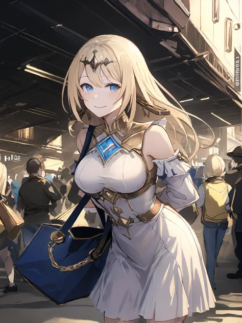 masterpiece,best quality,highres,cinematic lighting,dramatic angle,1girl,<lora:ShadowverseTetraV3-000021:0.8>,blonde hair,blue eyes,white dress,striped,frills,handabag,looking at viewer,smile,crowd,streetsacpe,bent over,arms behind back,looking at viewer