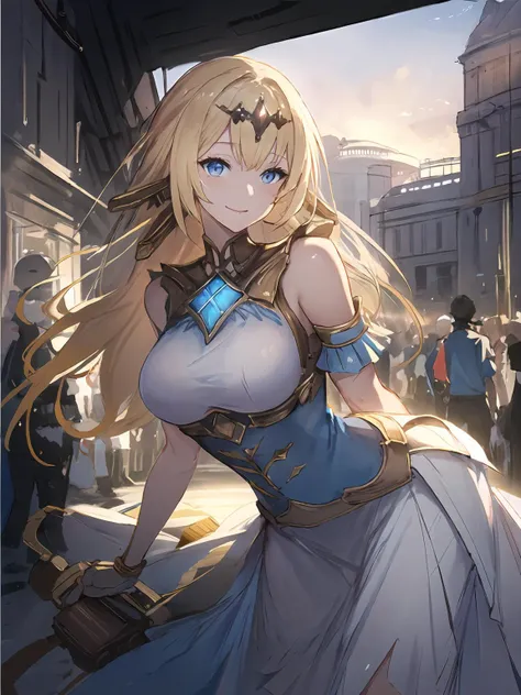 masterpiece,best quality,highres,cinematic lighting,dramatic angle,1girl,<lora:ShadowverseTetraV3-000021:0.8>,blonde hair,blue eyes,white dress,striped,frills,handabag,looking at viewer,smile,crowd,streetsacpe,bent over,arms behind back,looking at viewer