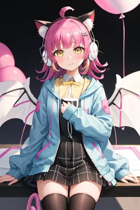 best quality, masterpiece, highres, solo, {tennouji_rina_loveliveschoolidolfestivalallstars:1.15}, pink_hair, bangs, ahoge, blunt_bangs, yellow_eyes, short_hair, blush, blunt_ends, 1girl, animal_ear_headphones, animal_ears, cat_ear_headphones, fake_animal_ears, headphones, medium_hair, birthday, looking_at_viewer, jacket, long_hair, long_sleeves, sidelocks, wings
