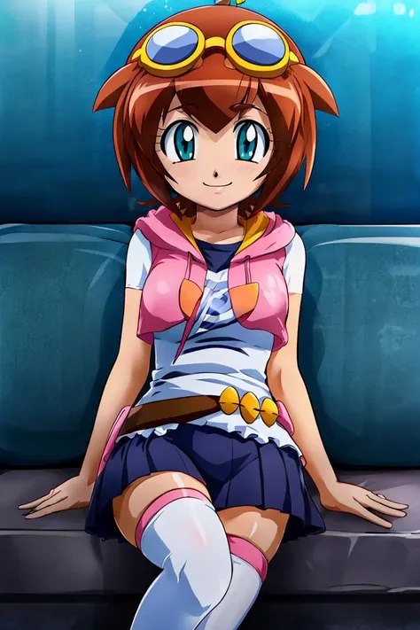 <lora:Konpeto_Style_Dim32:0.7>,((masterpiece,best quality)), absurdres, <lora:Amano_Madoka_Beyblade:0.8>, Amano_Madoka_Beyblade, 1girl, solo, short hair, aqua eyes, brown hair, goggles on head, skirt, zettai ryouiki, white thigh highs, pink hoodie, solo, smile, looking at viewer, sitting,
