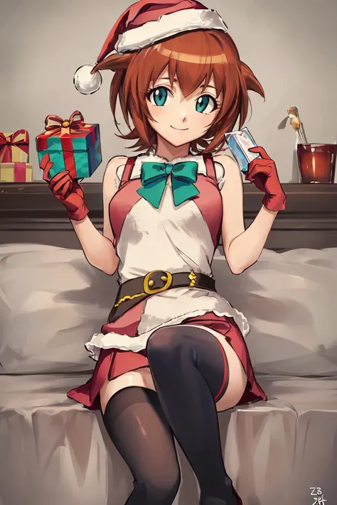 ((masterpiece,best quality)), absurdres, <lora:Amano_Madoka_Beyblade:0.6>, Amano_Madoka_Beyblade, 1girl, solo, short hair, aqua eyes, brown hair,( santa hat, santa outfit:1.1), zettai ryouiki, red thigh highs, solo, smile, looking at viewer,