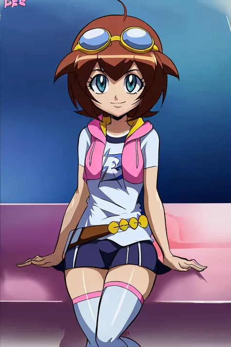 <lora:Bigdead_Style_Dim32:0.8>,((masterpiece,best quality)), absurdres, <lora:Amano_Madoka_Beyblade:0.8>, Amano_Madoka_Beyblade, 1girl, solo, short hair, aqua eyes, brown hair, goggles on head, skirt, zettai ryouiki, white thigh highs, pink hoodie, solo, smile, looking at viewer, sitting,