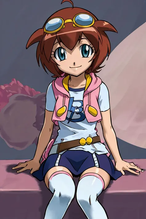 <lora:Sugimori_Ken_Style_v2:0.8>,((masterpiece,best quality)), absurdres, <lora:Amano_Madoka_Beyblade:0.8>, Amano_Madoka_Beyblade, 1girl, solo, short hair, aqua eyes, brown hair, goggles on head, skirt, zettai ryouiki, white thigh highs, pink hoodie, solo, smile, looking at viewer, sitting,