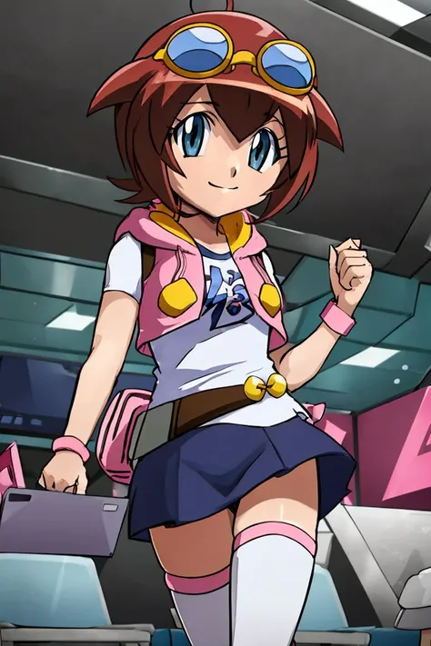 <lora:Gamma:0.8>,((masterpiece,best quality)), absurdres, <lora:Amano_Madoka_Beyblade:0.8>, Amano_Madoka_Beyblade, 1girl, solo, short hair, aqua eyes, brown hair, goggles on head, skirt, zettai ryouiki, white thigh highs, pink hoodie, solo, smile, looking at viewer,