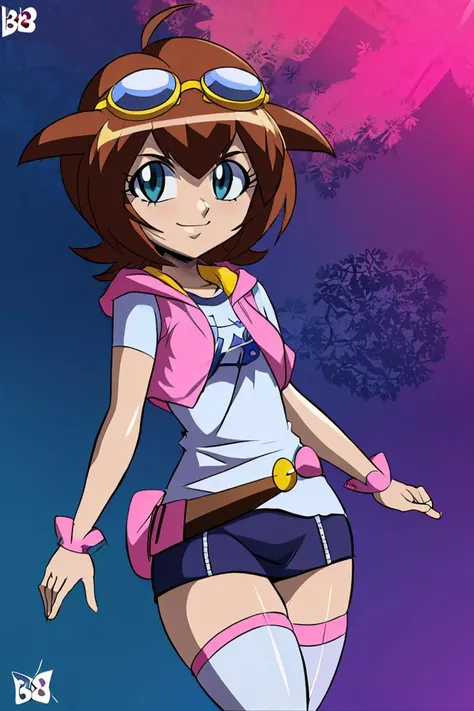 <lora:Bigdead_Style_Dim32:0.8>,((masterpiece,best quality)), absurdres, <lora:Amano_Madoka_Beyblade:0.8>, Amano_Madoka_Beyblade, 1girl, solo, short hair, aqua eyes, brown hair, goggles on head, skirt, zettai ryouiki, white thigh highs, pink hoodie, solo, smile, looking at viewer,