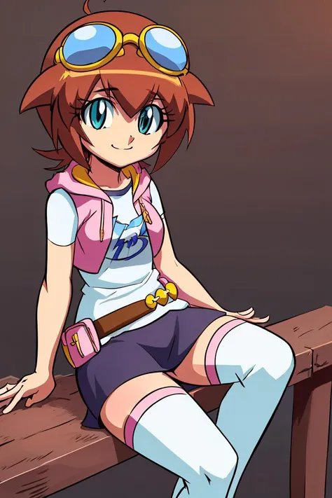 <lora:Diives_Style:0.8>,((masterpiece,best quality)), absurdres, <lora:Amano_Madoka_Beyblade:0.8>, Amano_Madoka_Beyblade, 1girl, solo, short hair, aqua eyes, brown hair, goggles on head, skirt, zettai ryouiki, white thigh highs, pink hoodie, solo, smile, looking at viewer, sitting,