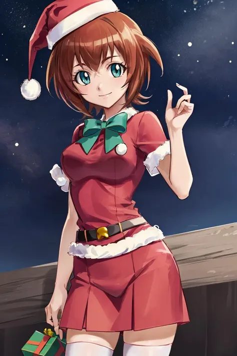 ((masterpiece,best quality)), absurdres, <lora:Amano_Madoka_Beyblade:0.6>, Amano_Madoka_Beyblade, 1girl, solo, short hair, aqua eyes, brown hair,( santa hat, santa outfit:1.1), zettai ryouiki,  red thigh highs, solo, smile, looking at viewer,