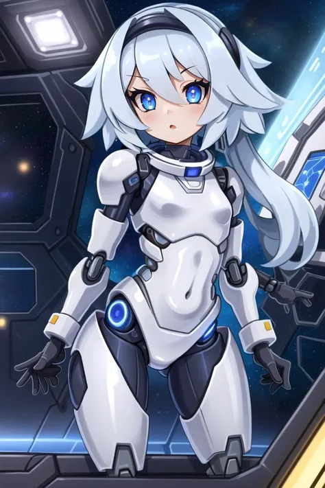 ((best quality)), ((highly detailed)), masterpiece, (detailed eyes, deep eyes), (1girl), upper body, ((cyborg)), cybernetics, robot limbs, (platinum_(substance)), navel, lights, LEDs, doll-like joints, small breasts,spikes, (indoors, on a space station, space, stars), <lora:EnvyCuteMix15:.75>, (cute)