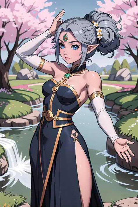from behind, multiple girls, (masterpiece, best_quality, ultra-detailed, immaculate:1.3), epic, illustration, elf sci-fi dervish lord , bright black hair with gray highlights, Grecian Braided Updo, a-pose, in a spring, immaculate zen garden, in the colorful Shire, bombshell hair, blue-grey hair with orange highlights, twintails,Topsy Tail Ponytail, outstretched arm / outstretched arms<lyco:EnvyCuteMix15:0.35>