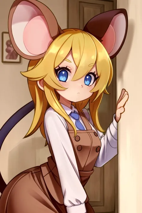 ((best quality)), ((highly detailed)), masterpiece, (detailed eyes, deep eyes), (1girl), upper body, (mouse girl), mouse ears, mouse tail, (inside, in an entryway), <lora:EnvyCuteMix15:1>, (cute)